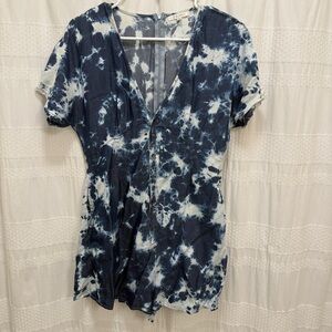 Z Supply Romper Blue Tie-Dye Womens Small Lyocell V-Neck Short Sleeve Buttonup